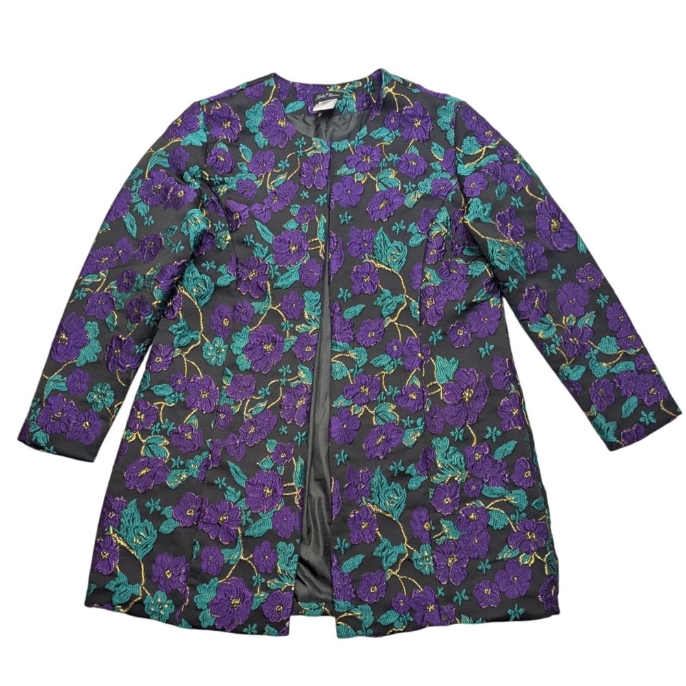 Slinky Brand Floral Brocade Jacket Womens L Purple Teal Gold Metallic Open Front
